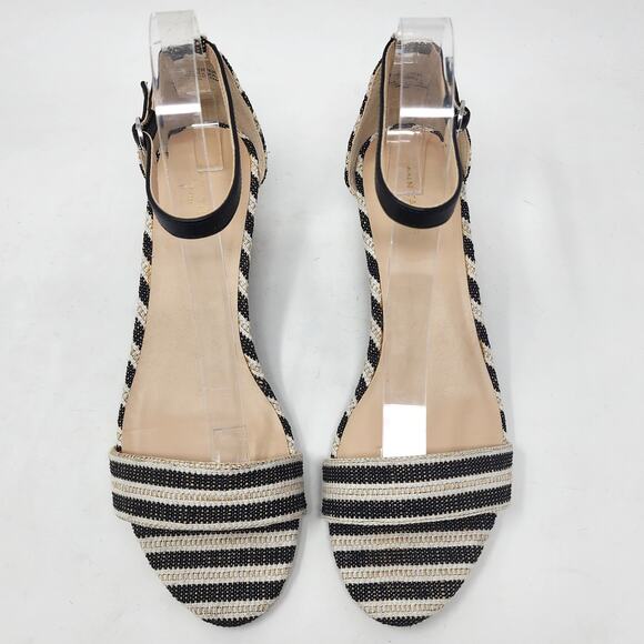 Ann Taylor Factory Wedge Sandals Women 9M Cream Black Striped Ankle Strap Shoes - Picture 3 of 10